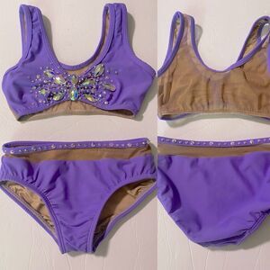AA dance design custom solo costume purple rhinestone 2 piece set illusion LC